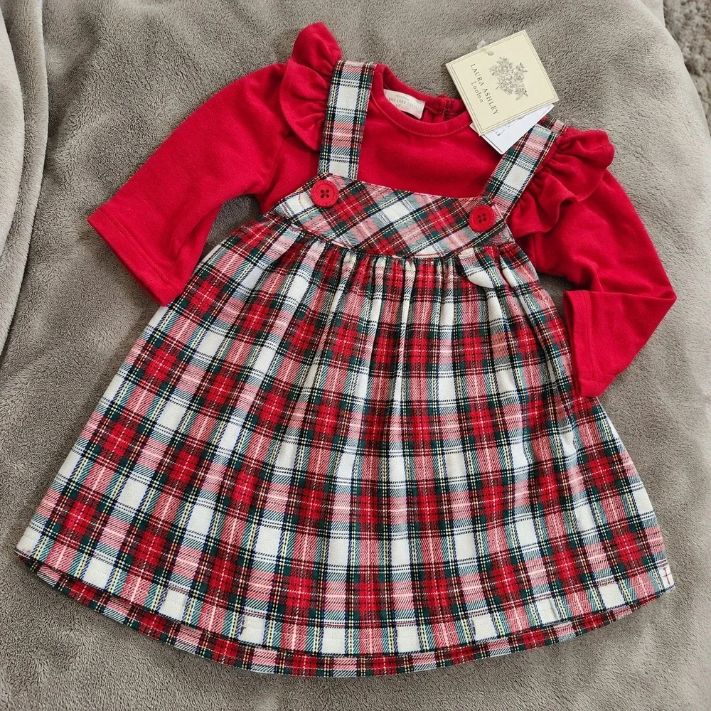 NEW Laura Ashley Chrismas Baby Girls Red Plaid Jumper and Ruffle Top Set 12M